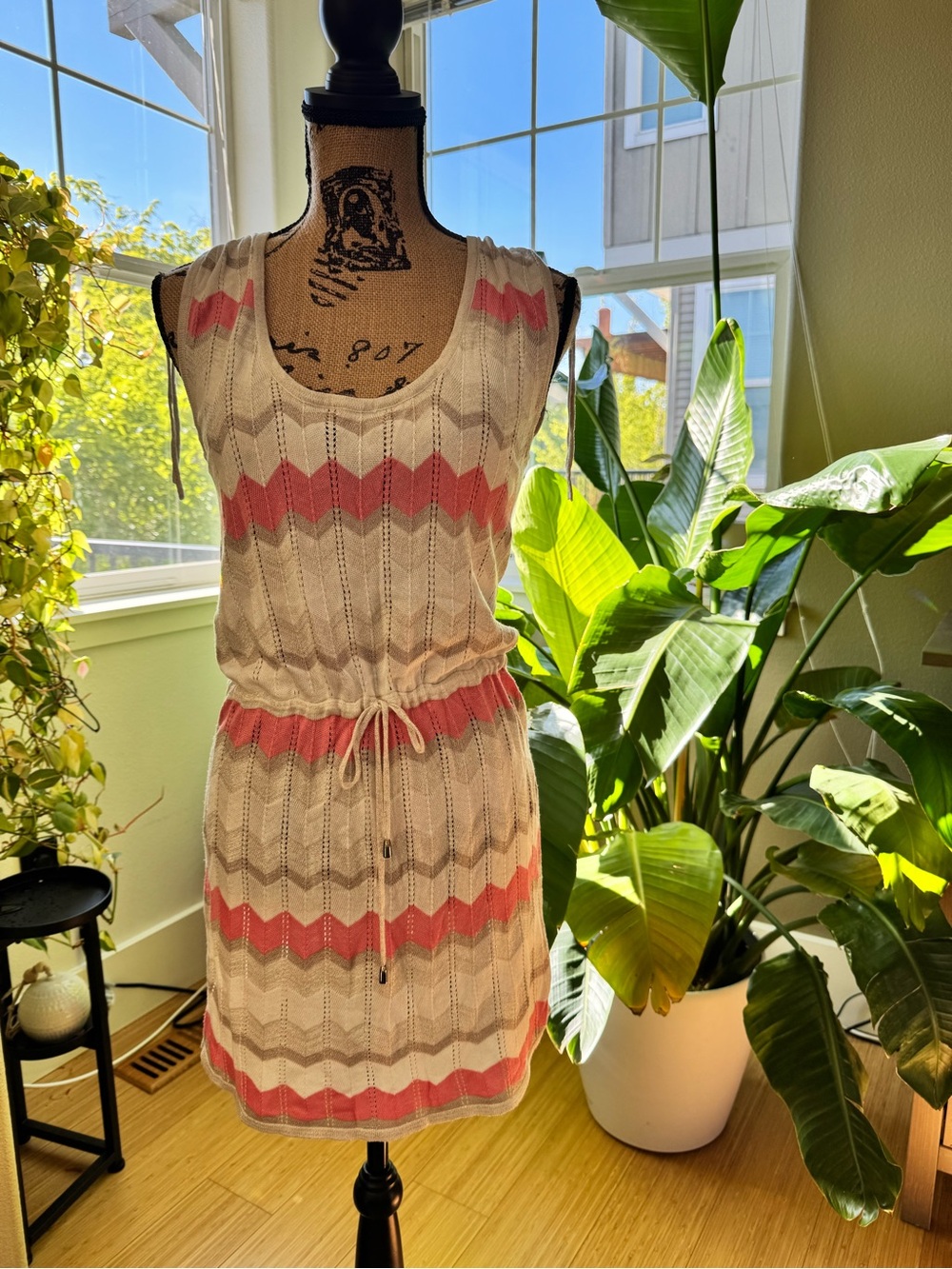 Sleeveless Knit Chevron Tie-Waist Dress